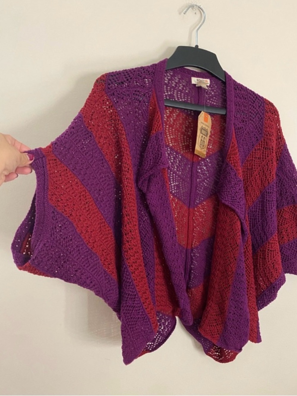 Retro Route 66 Cotton Open-Front Crochet Shrug Poncho in Purple and Red - Picture 4 of 8